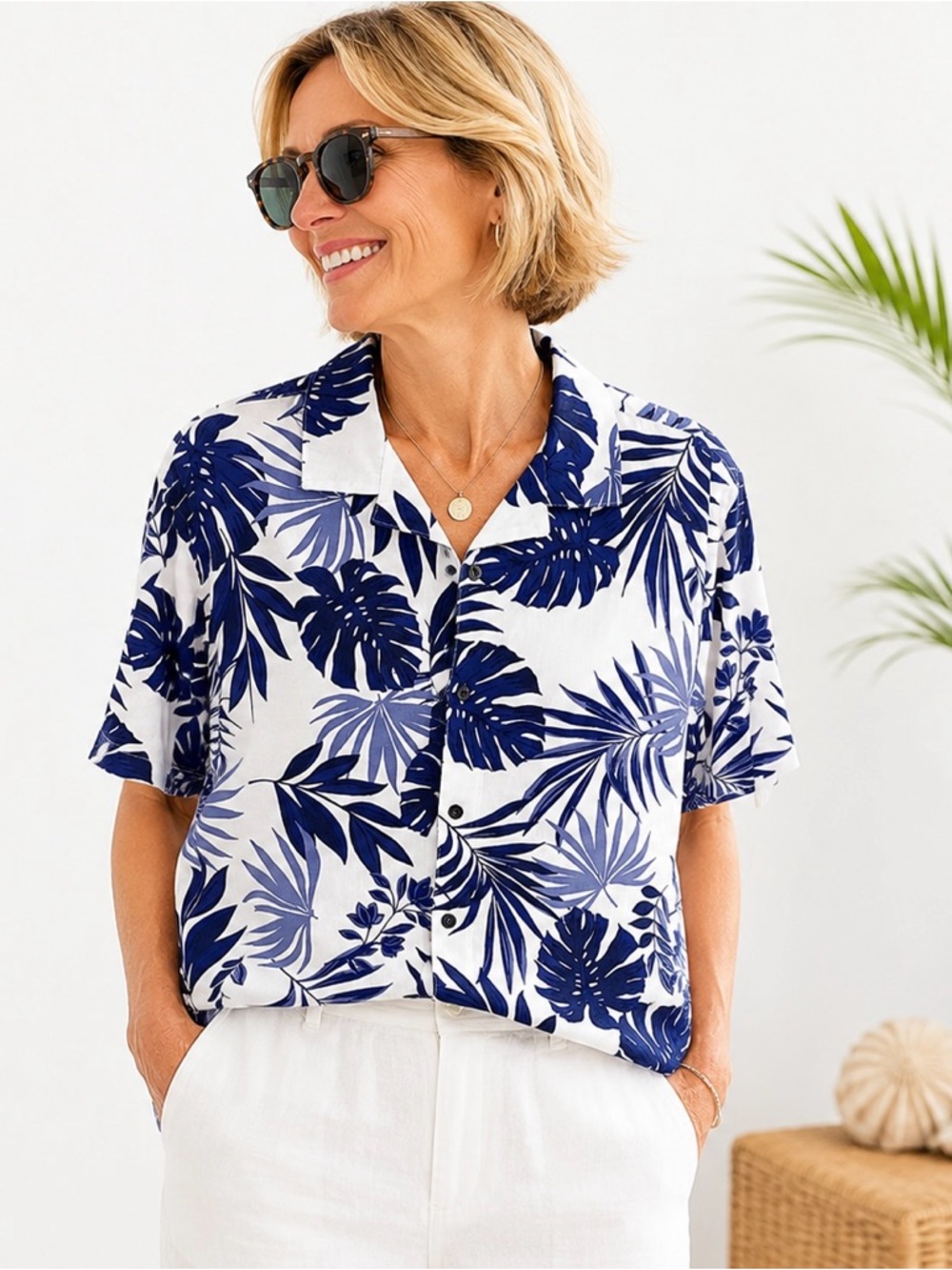 Jason Wu Women’s Camp Shirt L White Blue Tropical Leaf NWT Linen Blend